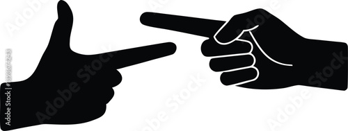 Two hands pointing one at the viewer and one towards another in a stark design