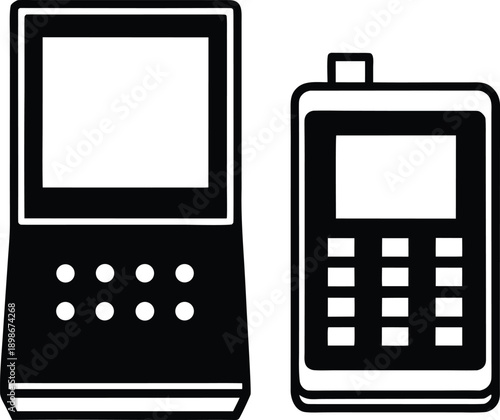 Black and white illustration of two early mobile phones side by side