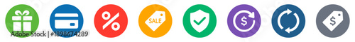 Payment and pricing icon set. Shopping UI icons with free, payment, discount, offer, refund, secure checkout, subscription, refund symbol and price tag for ecommerce checkout pages, app and websites