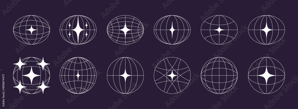 Fototapeta premium World globe retro grids in oval and round form with stars icons set. earth latitude and longitude line grid. futuristic design elements.