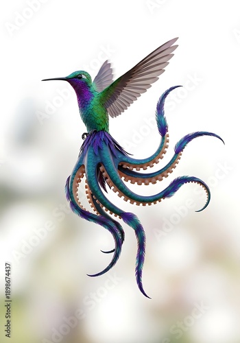 Hummingbird with octopus tentacles hybrid isolated white background