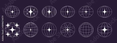 World globe retro grids in oval and round form with stars icons set. earth latitude and longitude line grid. futuristic design elements.