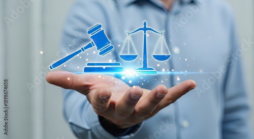 Man holding glowing digital legal symbols of justice and law.