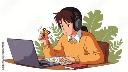 Young person with headphones and fidget spinner studying at a laptop with books and plants