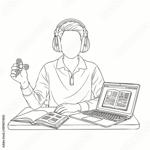 Student with headphones, fidget spinner, laptop, and book studying, online learning, concentration, focus