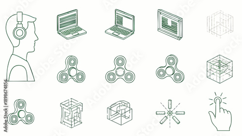 Isometric Line Art Icons: Fidget Spinners, Laptops, 3D Printer, Person with Headphones, Hand Touch