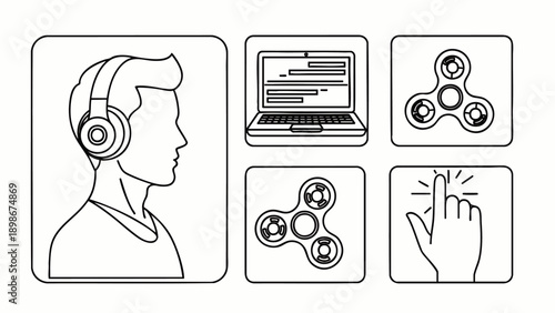 Collection of icons: man with headphones, laptop, fidget spinners, and finger tap, representing modern lifestyle and technology