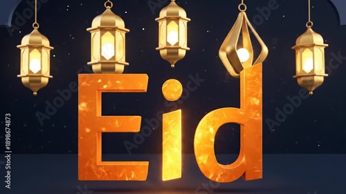 Wallpaper Mural Animated Eid Text with Golden Lanterns and Starry Night Background - Festive Islamic Celebration Motion Graphics Torontodigital.ca