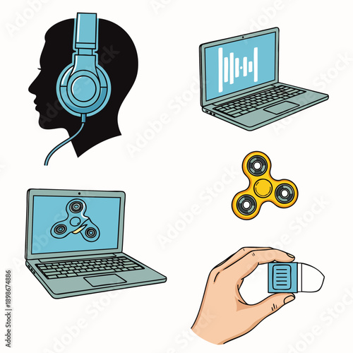 Collection of modern gadgets and technology: headphones, laptops, fidget spinner, and USB drive
