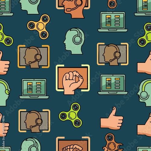 Seamless pattern of gaming icons: headsets, laptops, fidget spinners, and thumbs up on dark blue background