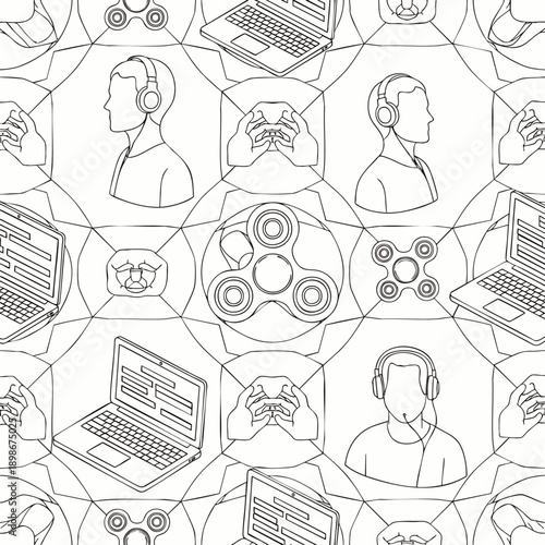 Seamless pattern of modern technology and leisure activities like gaming and fidget spinners