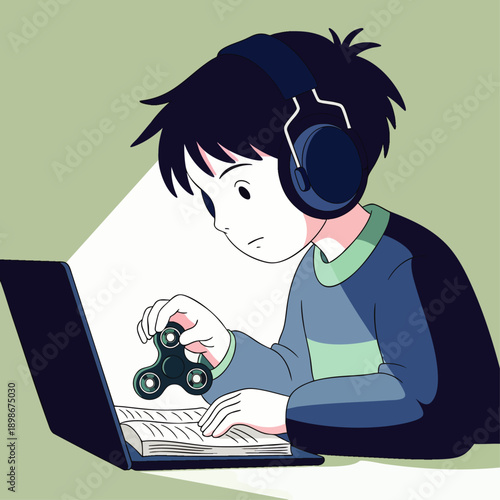Young boy with headphones playing with a fidget spinner in front of a laptop and book
