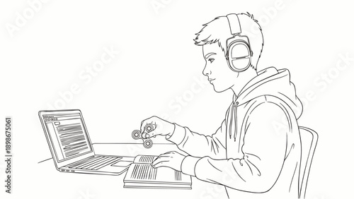 Young man with headphones playing with a fidget spinner while working on a laptop, line drawing
