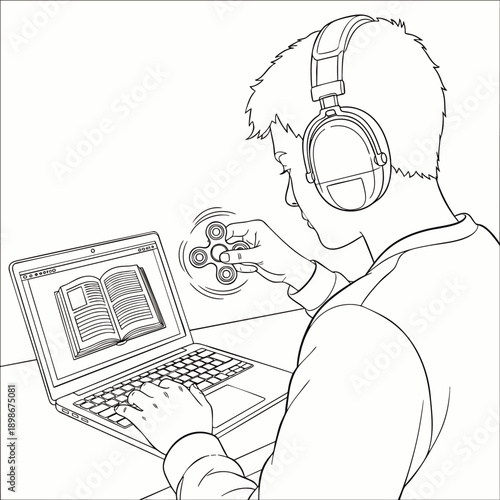 Young person wearing headphones, using a laptop and playing with a fidget spinner, illustrating focus and distraction