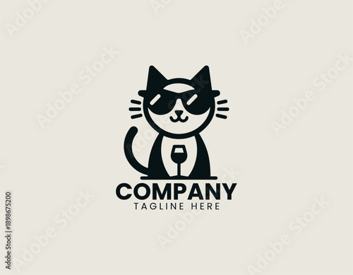 Cat logo shows relaxed character holding wine glass in playful modern vector illustration style
