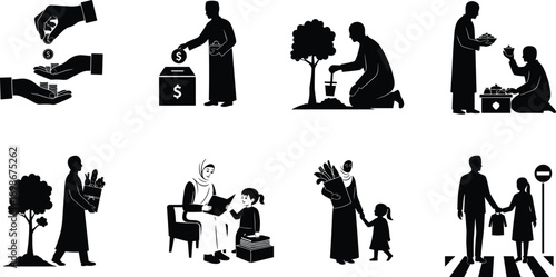 Black and white silhouette icons illustrating acts of kindness, caregiving, education, charity, and safety in community-focused vector style for social responsibility themes.