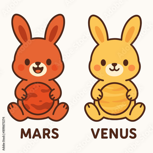 Cute cartoon rabbits representing Mars and Venus with planet motifs