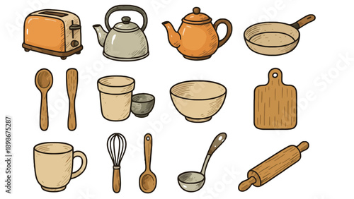 A collection of kitchen utensils and appliances on a white background