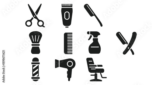 A collection of black icons representing various barber tools and equipment