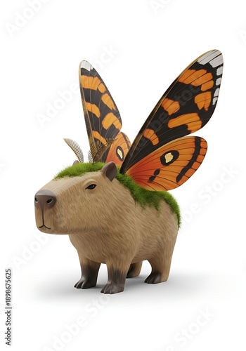 Capybara with colorful butterfly wings hybrid isolated white background