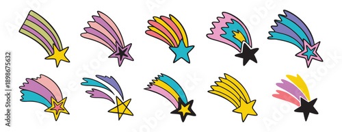 falling stars hand drawn cartoon doodle isolated on white background cartoon set. Making a wish line clipart symbol