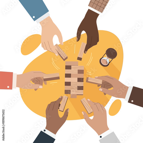 Teamwork Strategy Concept with People Playing Jenga Flat Vector Illustration