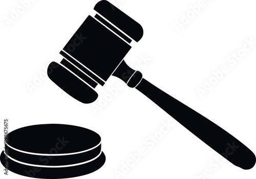 A black silhouette of a gavel resting upon a sound block symbolizing justice