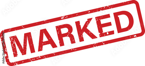 A rectangular red rubber stamp with a grunge effect clearly displays the word MARKED on white