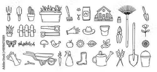 Gardener tools hand drawn doodle icons set. Hobby gardening. Garden items for plant care and backyard cleaning. Garden line clipart.