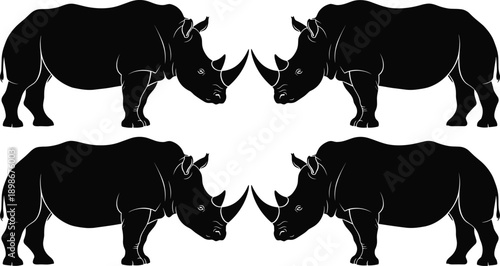 Black rhinoceros silhouette set with four large rhino icons showing realistic horn details and powerful body shapes isolated on white background vector illustration