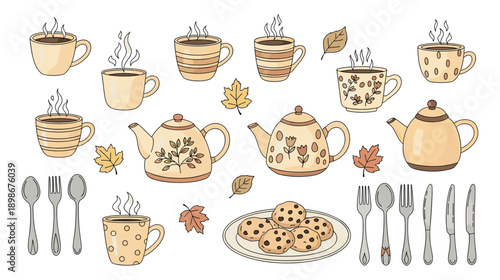 Autumn tea set with ceramic mugs teapots cookies and cutlery decorated with fall leaves and floral