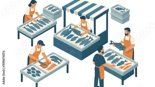 An illustration of people working at a fish market with various seafood