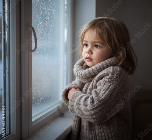 A child in thick turtleneck sweater stands by frosty window. The dim room is lit by sunlight streaming through frosty glass showing snowy scene.