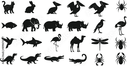 Large black silhouette animal icons set with wildlife and insects including elephant rhinoceros pelican shark cat flamingo and crocodile isolated on white background vector