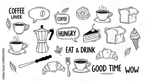 Coffee lover and hungry doodle set with hand drawn black and white elements for cafe shop interior