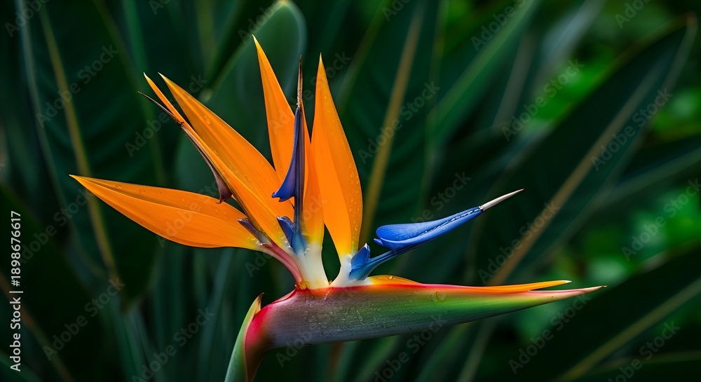 Obraz premium The exotic Bird of Paradise bloom, featuring vivid orange sepals and bright blue petals, stands out majestically against the deep, dark tropical foliage.