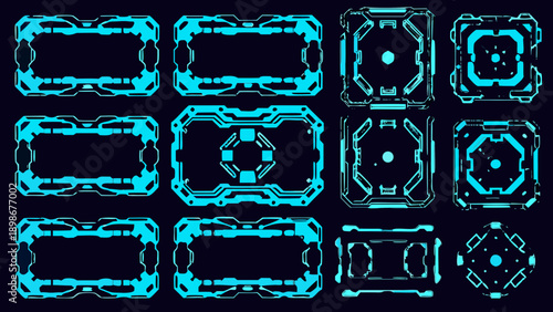 Futuristic glowing neon frames and interface elements on a dark background