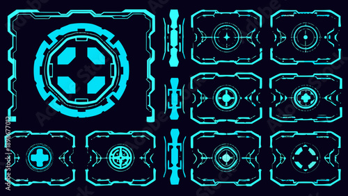 Futuristic user interface elements in teal on a dark background