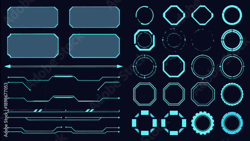 Futuristic user interface elements in a bright cyan color scheme