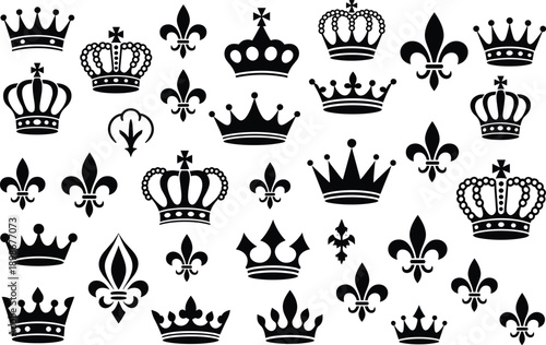 Royal crown and fleur de lis silhouette icon set featuring monarch symbols, heraldic emblems, luxury design elements, medieval royalty graphics, and classic insignia collection
