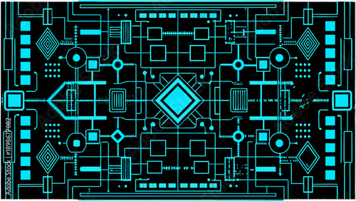Abstract geometric pattern with glowing cyan lines on a dark background