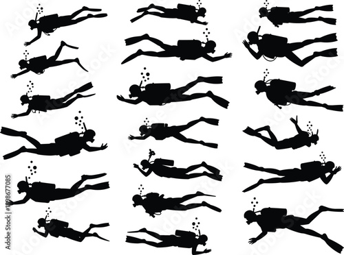 Scuba diver silhouette set showing underwater swimming poses with air bubbles, diving equipment, professional diving activities, marine exploration, and aquatic sports illustration collection