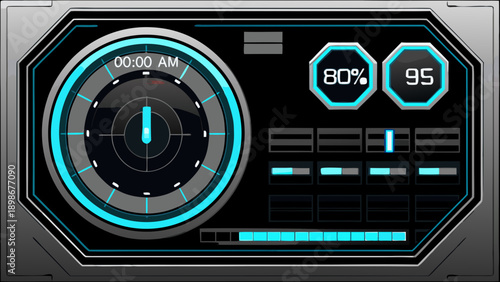 Futuristic interface display with circular gauges and numerical readings