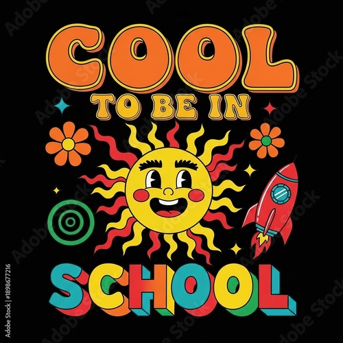 Colorful sun character with rocket and text cool to be in school in a flat design
