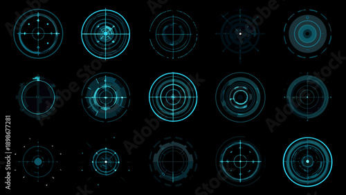 Collection of futuristic teal crosshairs on a black background