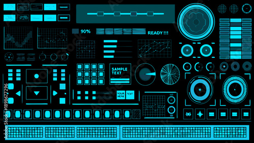 Futuristic user interface elements in a cyan and black color scheme