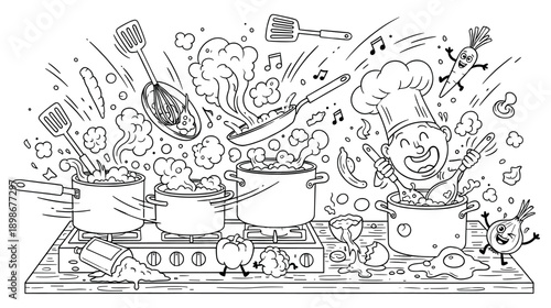 Happy chef cooking in messy kitchen with dancing food and boiling pots coloring book page for kids