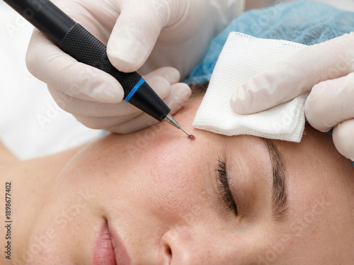 Professional Dermatologist Removing Mole on Woman's Face using Electrocautery Device in Medical Clinic Close Up View