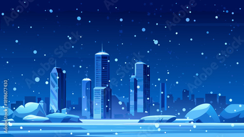A stylized cityscape blanketed by a snowy winter night scene