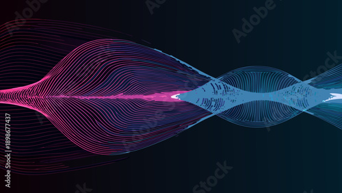Abstract flowing lines of pink and blue light against a dark background